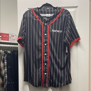 Black Pinstripe Baseball Jersey with Red Trim